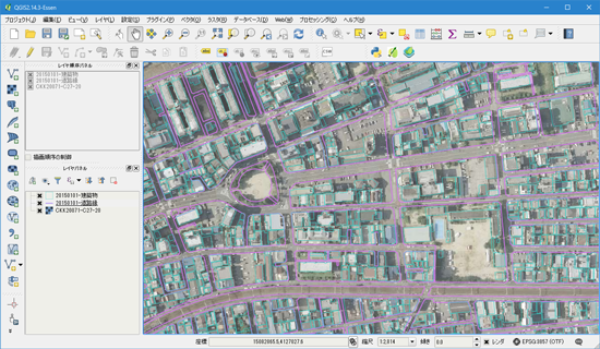 QGISでワールドファイル付きの航空写真データを読み込んだ例